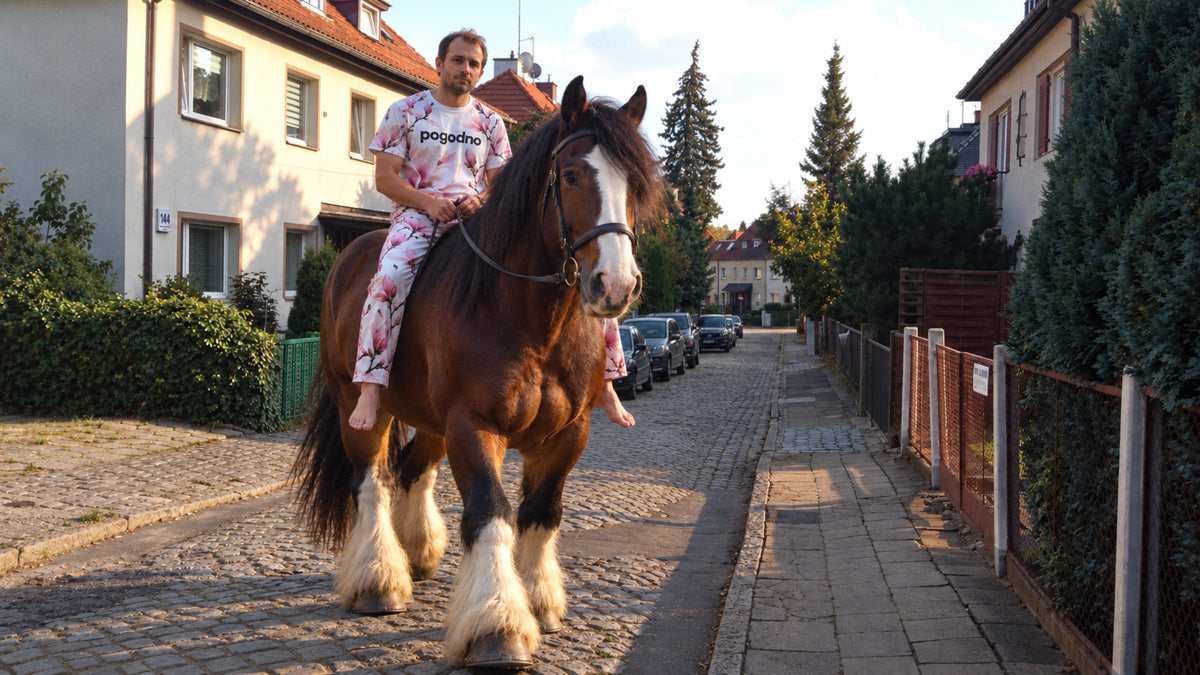 Mężczyzna w piżamie w magnolie jedzie konno brukowaną uliczką na Pogodnie